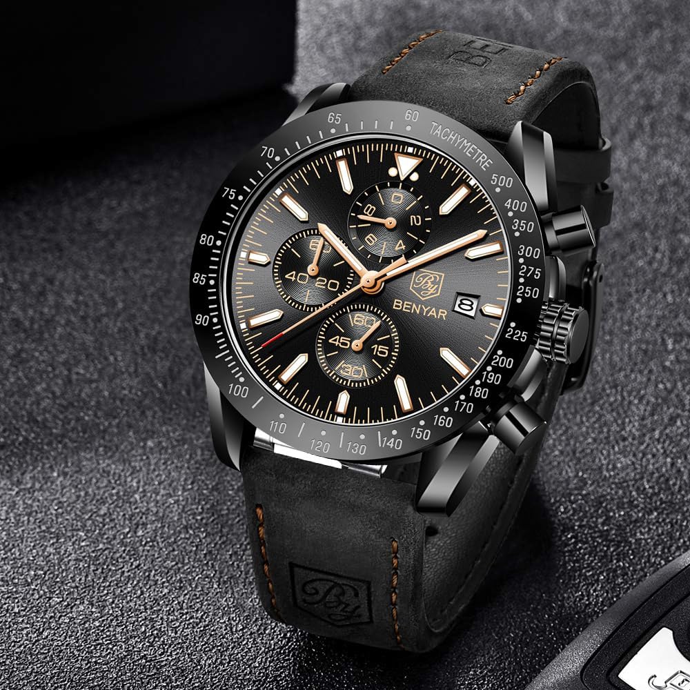 BY BENYAR Uhren für Herren Analog Quarz Chronograph 30M Wasserdicht Leuchtend Großes Zifferblatt Herren Armbanduhren Business Arbeit Sport Freizeit Mode Designer Uhr Elegantes Geschenk für Herren