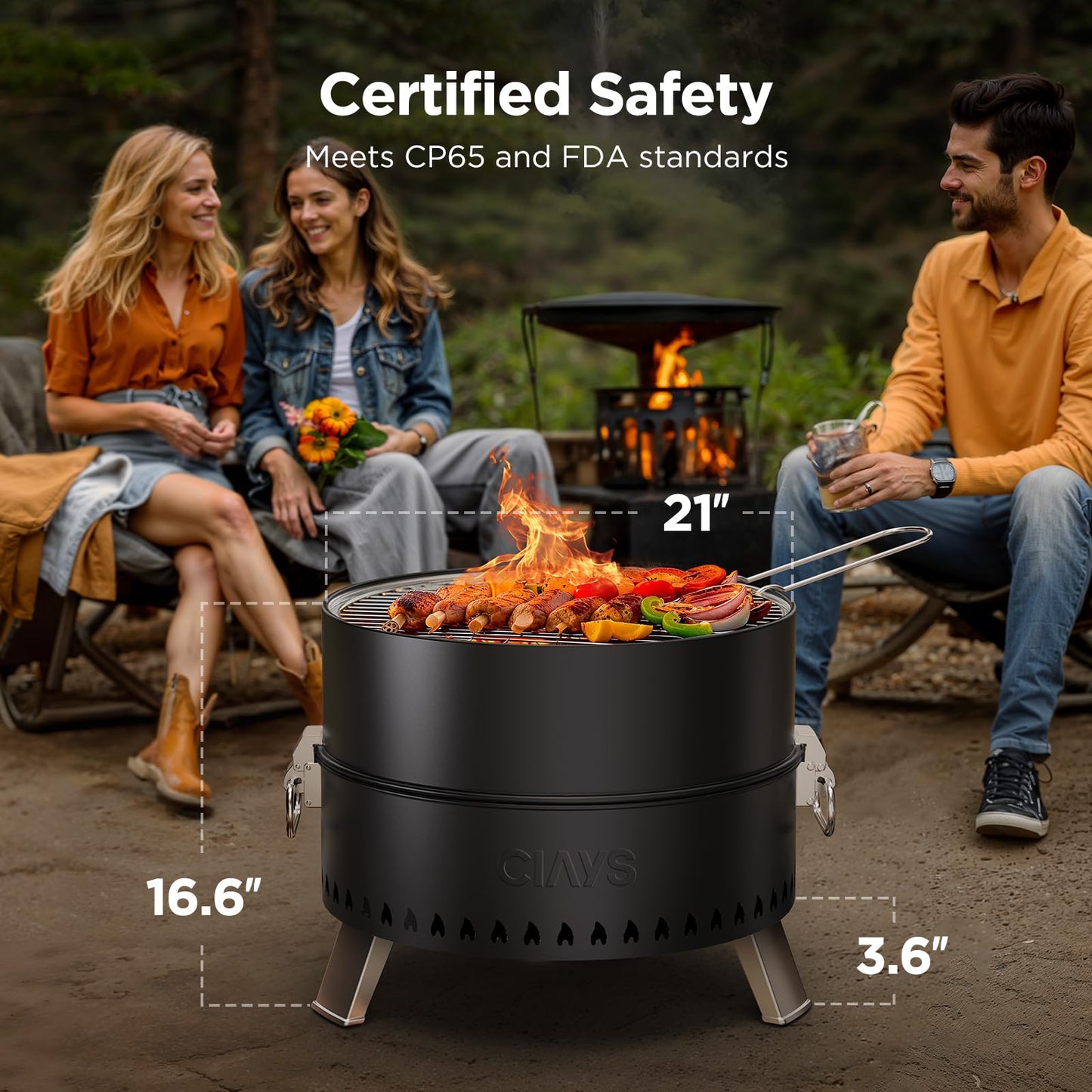 CIAYS Smokeless Firepit, 19 Inch Fire Pit for Camping with Patented Technology, Portable Fire Pit for Outside with Steel Grill Rack, Fire Poker, and Bag, Easy Setup and Storage, Wood Burning