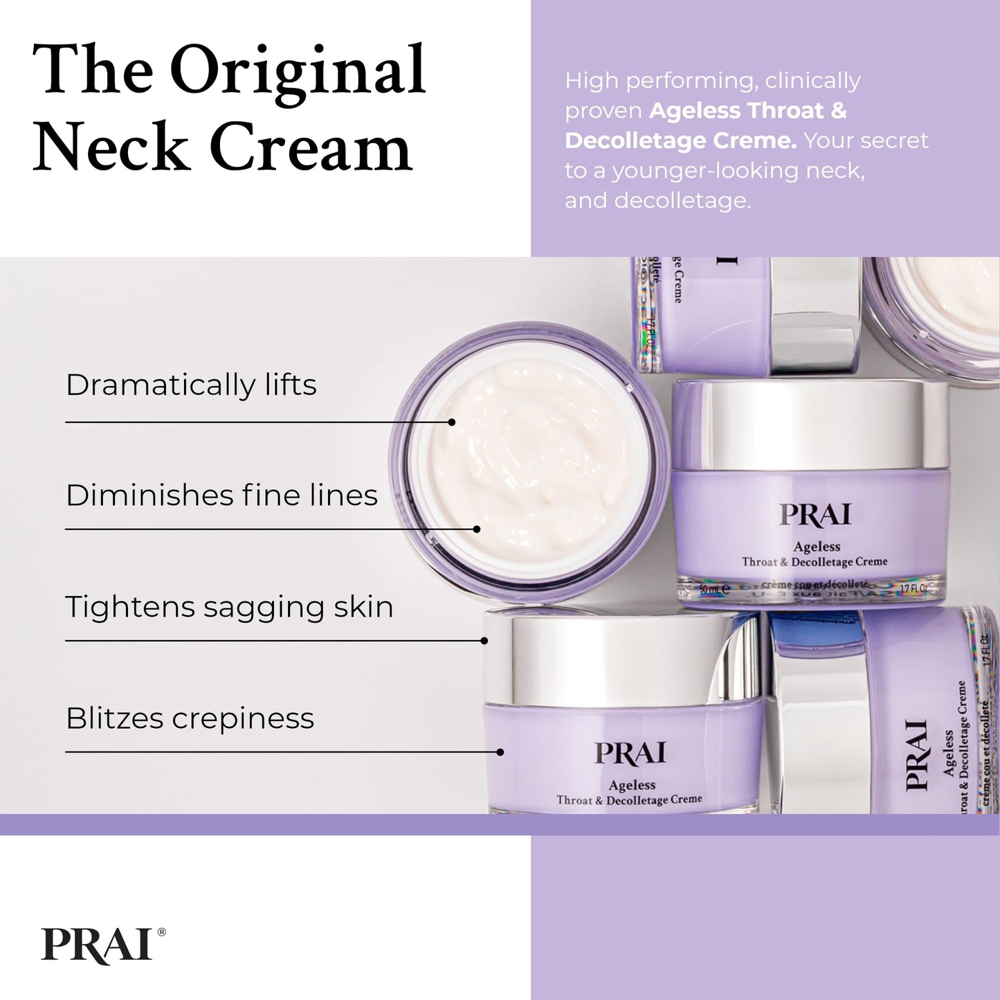PRAI Ageless Throat & Decolletage Creme 118ml - Anti-Ageing, Collagen Boosting Skincare Cream - Tightens & Firms Skin, Reduces Wrinkles - Luxury Neck Moisturiser With Hyaluronic Acid - 7 Day Results