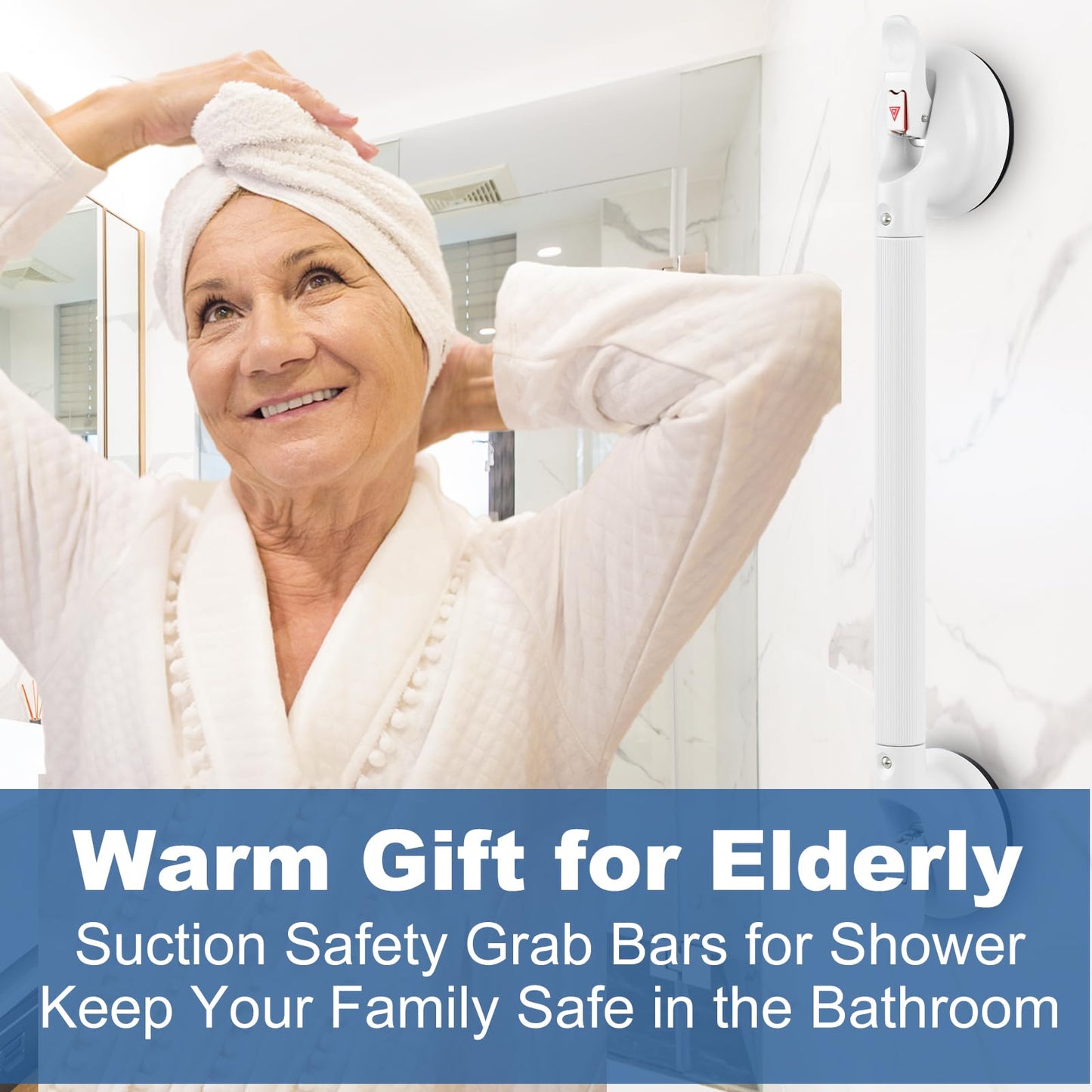 15-Inch Shower Handle - Upgraded Grab Bar with Strong Suction Cups for Bathtub & Shower Safety, Ideal for Seniors, Elderly, Disabled -Silver