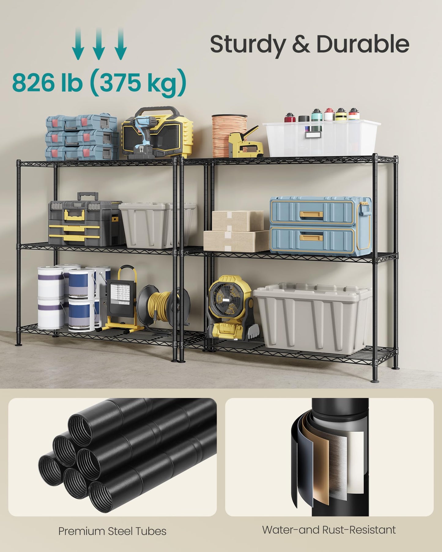 SONGMICS Storage Shelf, Small Metal Wire Shelving Unit, Adjustable Shelves, for Small Spaces, Garage, Bedroom, Living Room, Kitchen, Pantry, 5 Tier, 11.8 x 11.8 x 47.6 Inches, Ink Black ULGR123BH01