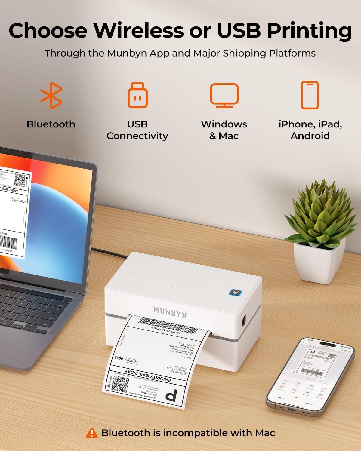 MUNBYN Bluetooth Thermodrucker für Versandetiketten, 130B Kabelloser 4x6 Etikettendrucker für kleine Unternehmen und Büros, kompatibel mit iPhone, Android, iPad, Windows, macOS, Canada Post, UPS, Purolator (Weiß)