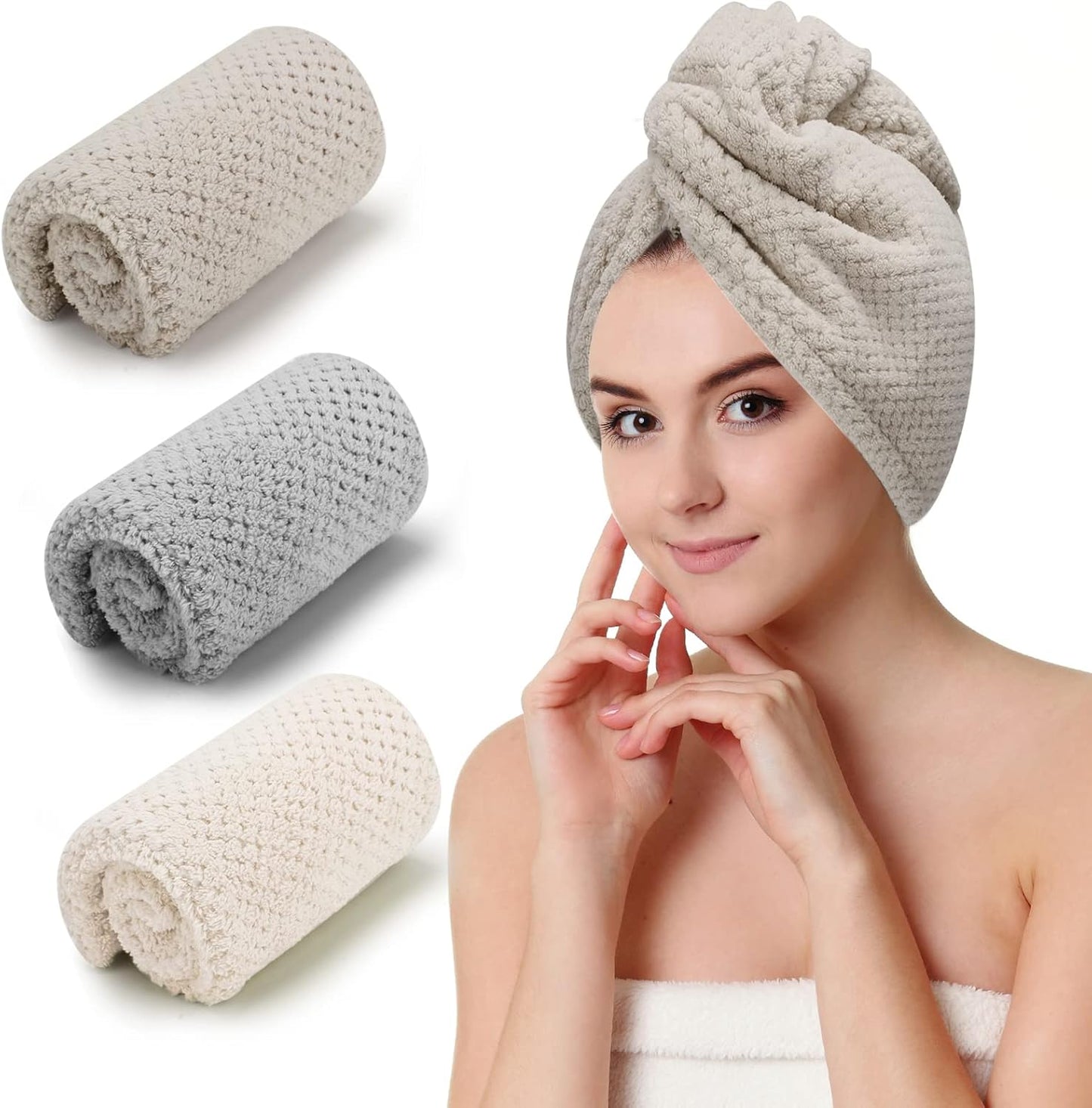 3 PCS Microfiber Hair Towel, Hair Wraps for Women Wet Hair, Fast Drying Hair Turban, Anti Frizz Head Towels Wrap for Curly Hair (Beige, Khaki, Grey)