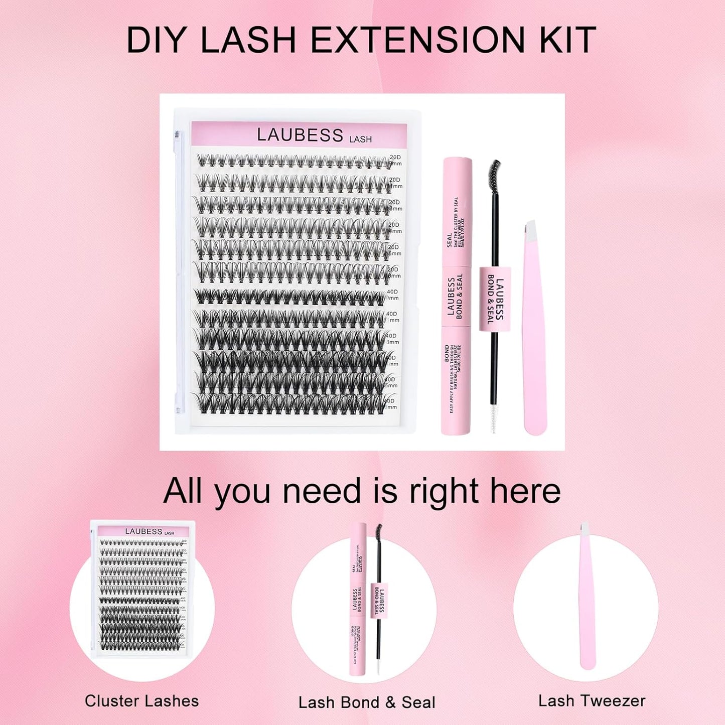Wimpernverlängerungs-Set 20D+40D Cluster mit Kleber und Versiegelung – Wasserdichtes DIY-Wimpernverlängerungs-Set mit Pinzette (Set 20D/40D-0.07D-9-16Mix)