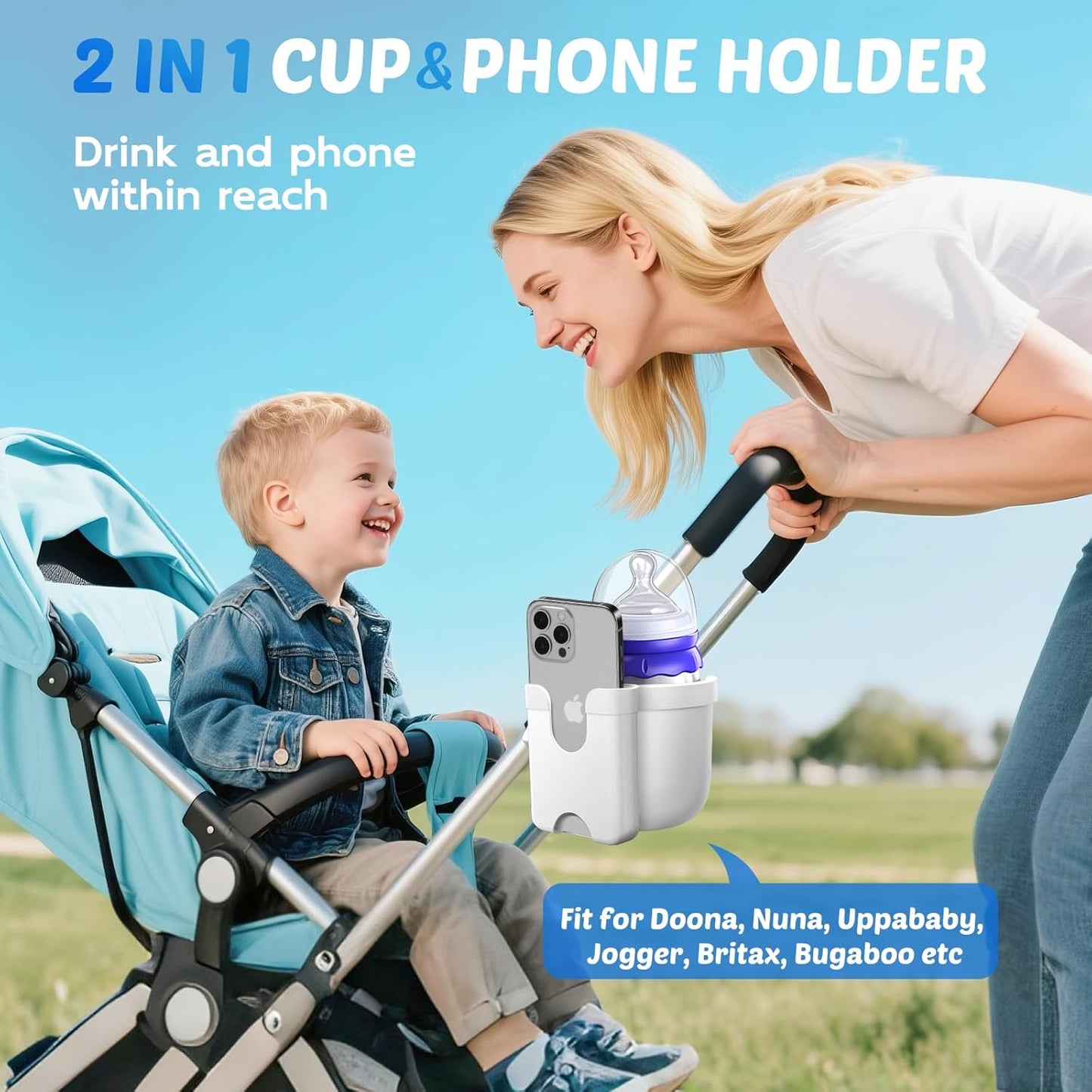Guiseapue Kinderwagen Becherhalter mit Handyhalterung: Universeller Becherhalter für Rollator, Rollstuhl, Fahrrad, Golf/Kinderwagen Zubehör für Uppababy, Nuna, Doona, Rollator, Golfwagen, Roller, Schwarz