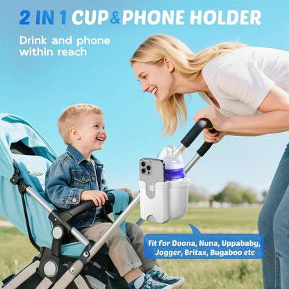 Guiseapue Kinderwagen Becherhalter mit Handyhalterung: Universeller Becherhalter für Rollator, Rollstuhl, Fahrrad, Golf/Kinderwagen Zubehör für Uppababy, Nuna, Doona, Rollator, Golfwagen, Roller, Schwarz