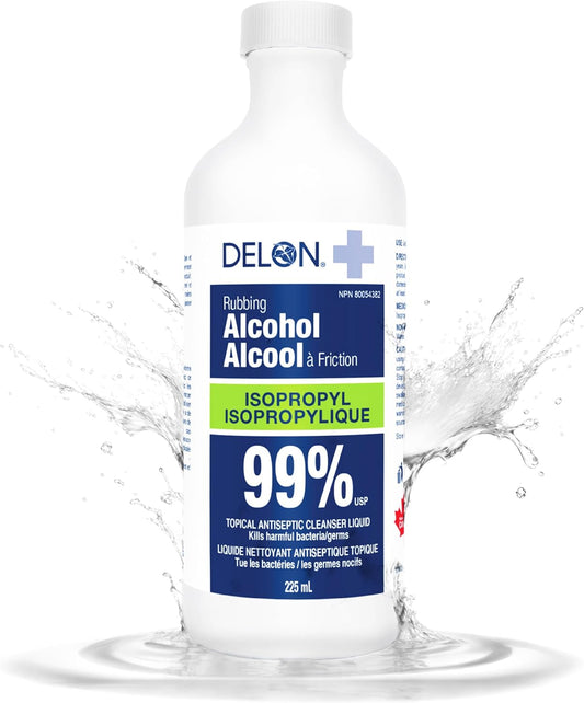 Delon Isopropyl 99 Percent- 1 Bottle (225ml) Rubbing Alcohol - High Purity IPA sanitizer for Cleaning and Medical use.