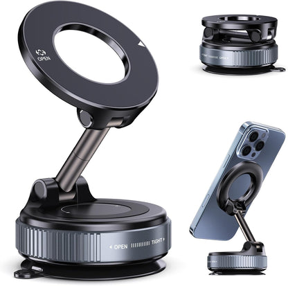 Jikasho Vacuum Magnetic Car Phone Holder for Magsafe, Hands-Free 360° Adjustable Suction Cup Phone Mount for Car/Gym/Mirror/Smooth Surface, Compatible with iPhone & Android (Black)