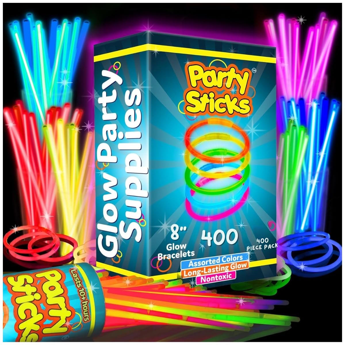 PartySticks Glow Sticks Party Supplies 100pk - 8 Inch Glow in the Dark Light Up Sticks Party Favors, Glow Party Decorations, Neon Party Glow Necklaces and Glow Bracelets with Connectors