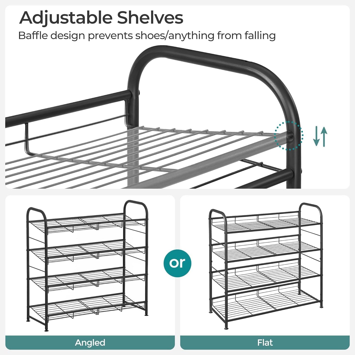 SONGMICS Stackable Shoe Rack, 4 Tier Metal Shoes Rack Storage Shelf, Holds up to 16 Pairs Shoes, Adjustable Slanted Shelves Tower Organizer for Closet Entryway Small Spaces, Bronze