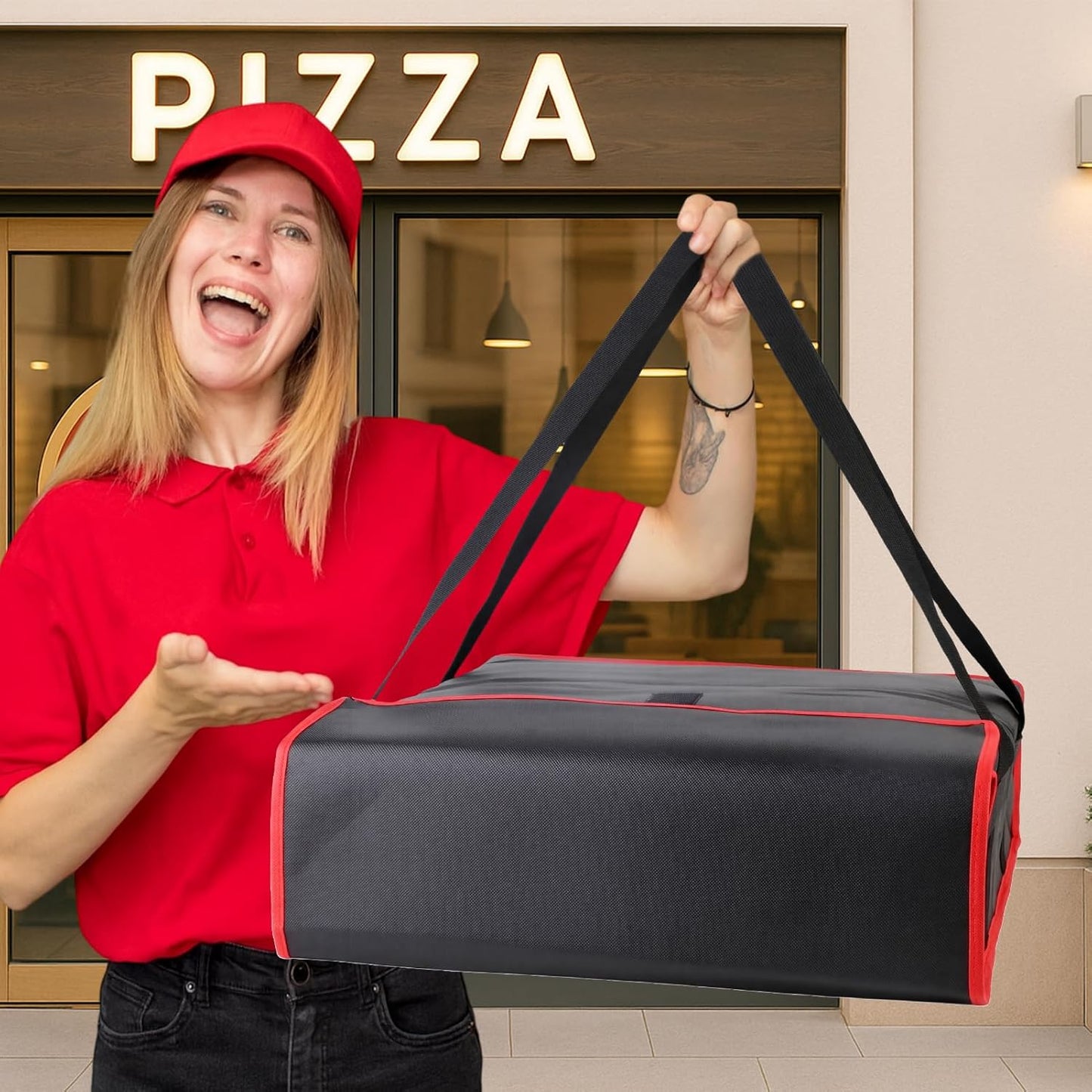 Bodaon Isolierte Essensliefertasche - Warm- & Kalthaltetransporttasche, Catering/Doordash Pizzawärmer, Einkaufstasche, Kühltasche für Partys (Schwarz-Rot, 1 St.), Ideal für den Transport warmer Speisen