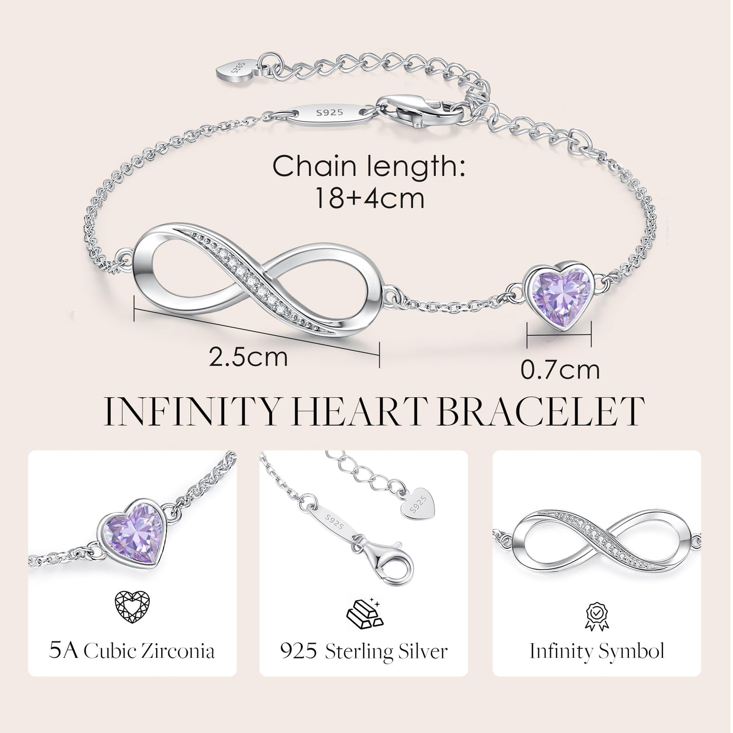 CDE Valentinstagsgeschenk Infinity Herz Geburtsstein Charm Gliederarmband für Damen 925 Sterling Silber Verstellbares Muttertags- Weihnachtsgeschenk Jubiläums- Geburtstags-Schmuck für Ehefrau Freundin Sie