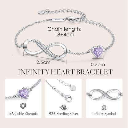 CDE Valentinstagsgeschenk Infinity Herz Geburtsstein Charm Gliederarmband für Damen 925 Sterling Silber Verstellbares Muttertags- Weihnachtsgeschenk Jubiläums- Geburtstags-Schmuck für Ehefrau Freundin Sie