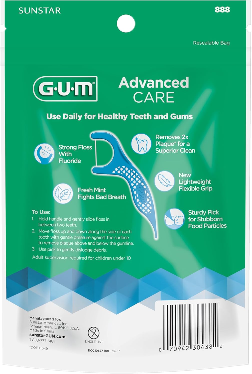 GUM Advanced Care Flosser Picks, angereichert mit Vitamin E & Fluorid, frischer Minzgeschmack, blau, 150 Flosser (1 Beutel)