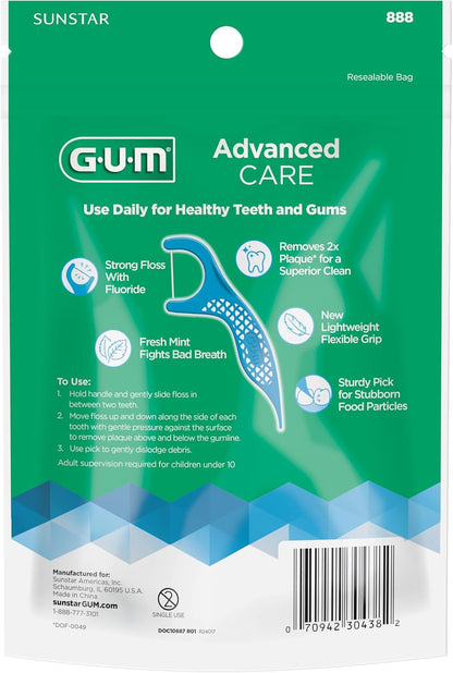 GUM Advanced Care Flosser Picks, angereichert mit Vitamin E & Fluorid, frischer Minzgeschmack, blau, 150 Flosser (1 Beutel)
