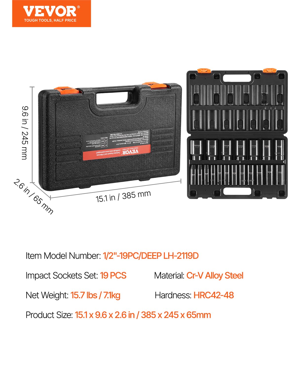 VEVOR 91-Piece 1/2" Drive Impact Socket Set, SAE (5/16" to 1-1/4") & Metric (8 to 32 mm), CR-V, Deep & Shallow, 6 Point, Ratchet Handle, Universal Joint, Adapters, Extension Bars (3, 5, 10 in)