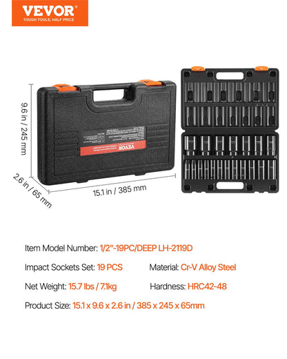 VEVOR 91-Piece 1/2" Drive Impact Socket Set, SAE (5/16" to 1-1/4") & Metric (8 to 32 mm), CR-V, Deep & Shallow, 6 Point, Ratchet Handle, Universal Joint, Adapters, Extension Bars (3, 5, 10 in)