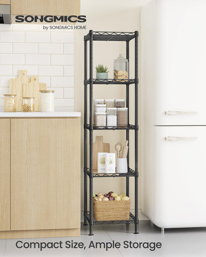SONGMICS Storage Shelf, Small Metal Wire Shelving Unit, Adjustable Shelves, for Small Spaces, Garage, Bedroom, Living Room, Kitchen, Pantry, 5 Tier, 11.8 x 11.8 x 47.6 Inches, Ink Black ULGR123BH01
