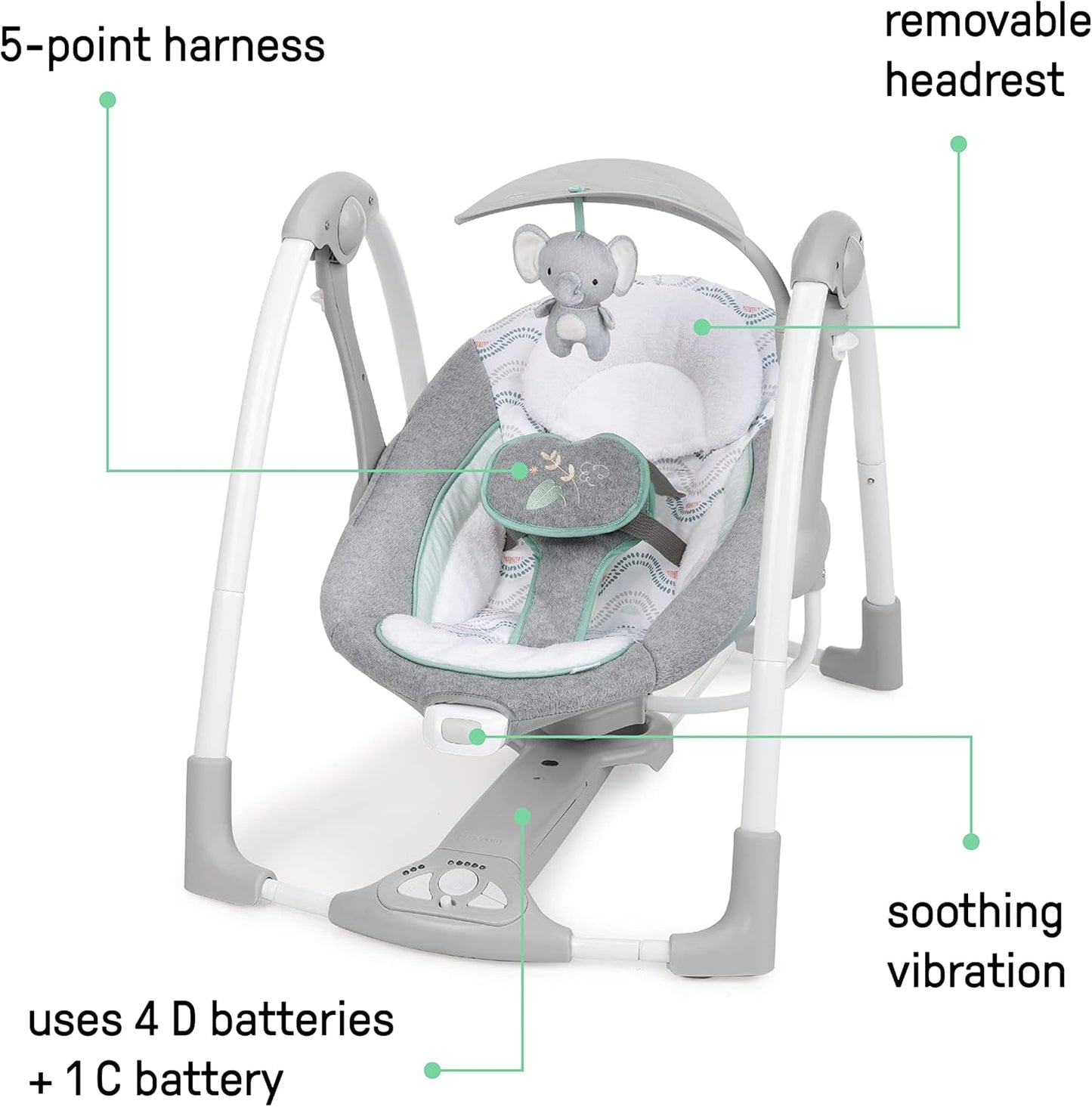 Ingenuity ConvertMe 2-in-1 Kompakte tragbare automatische Babyschaukel & Babysitz, batteriebetriebene Vibrationen, Naturgeräusche, 0-9 Monate 2,7-9 kg (Raylan)