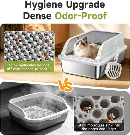 Stainless Steel Cat Litter Box, Odor Free Metal Litter Box with High Sides Lid, Open Top Low Entry Litter Pan Include Scoop Easy Cleaning Anti-Scratch Kitty Cat Box Anti-Urine Leakage, Non-Sticky