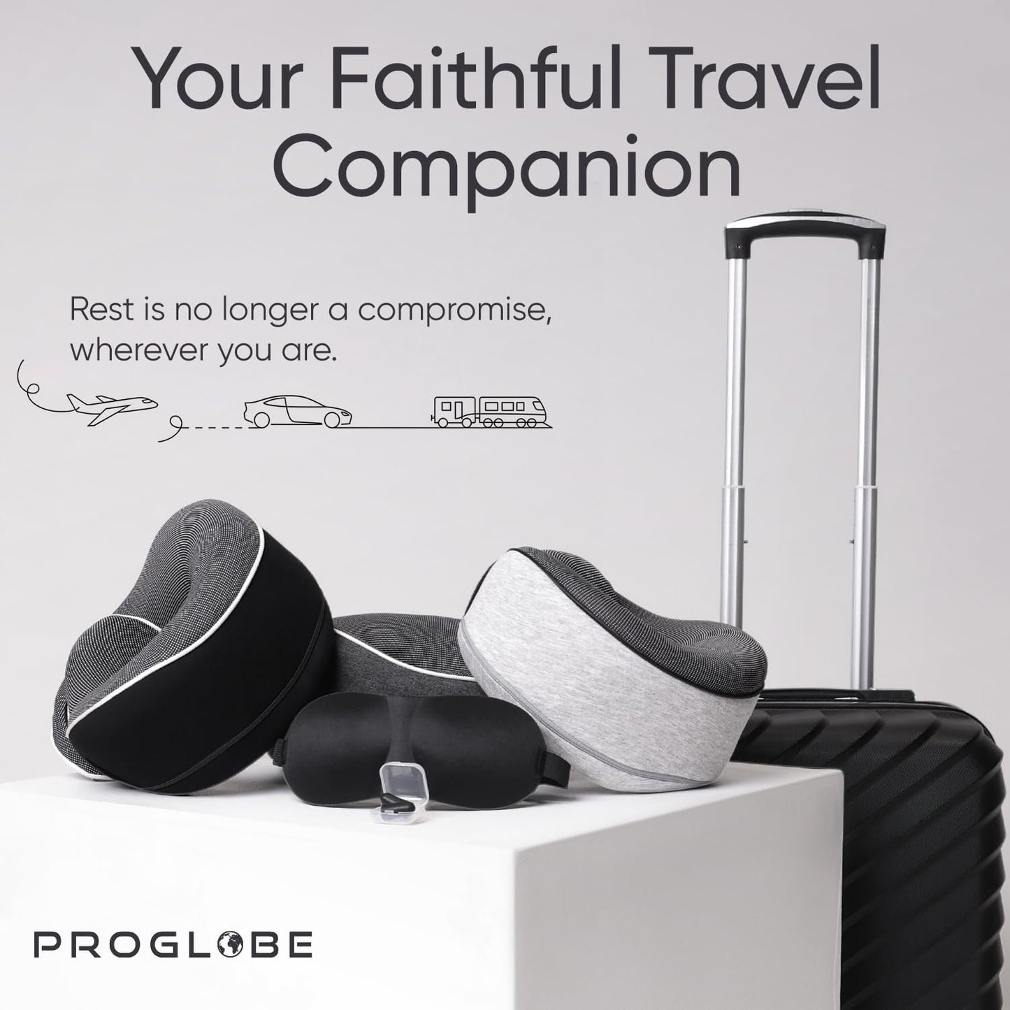 Proglobe Orthopädisches Nackenkissen Reise-Nackenkissen für Flugzeuge, Memory Foam Kit, aktualisiertes Ruhematerial, Flugreise-Set mit 3D-konturierter Augenmaske, Ohrstöpseln und luxuriösem Netzbeutel (Grau)
