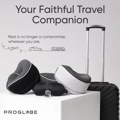 Proglobe Orthopädisches Nackenkissen Reise-Nackenkissen für Flugzeuge, Memory Foam Kit, aktualisiertes Ruhematerial, Flugreise-Set mit 3D-konturierter Augenmaske, Ohrstöpseln und luxuriösem Netzbeutel (Grau)
