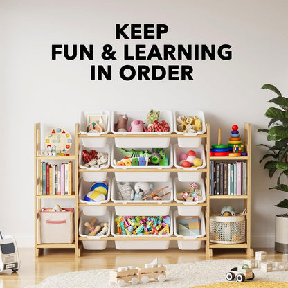SpaceAid Toy Storage Organizer with 6 Shelves and 12 Bins, Bookshelf/Bookcase, Kids Bin Shelf, Toys Box for Playroom Organization for Bedroom & Room Decor, White, 52.3" W