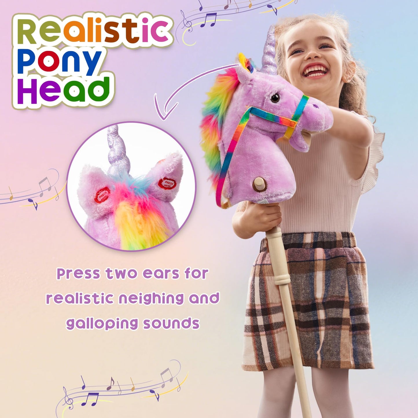 HollyHOME Plüsch Einhorn Steckenpferd mit Holzrädern Echten Pony Wiehern und Galoppieren Geräuschen Plüschtier Rosa 94 cm (AA Batterien Benötigt)