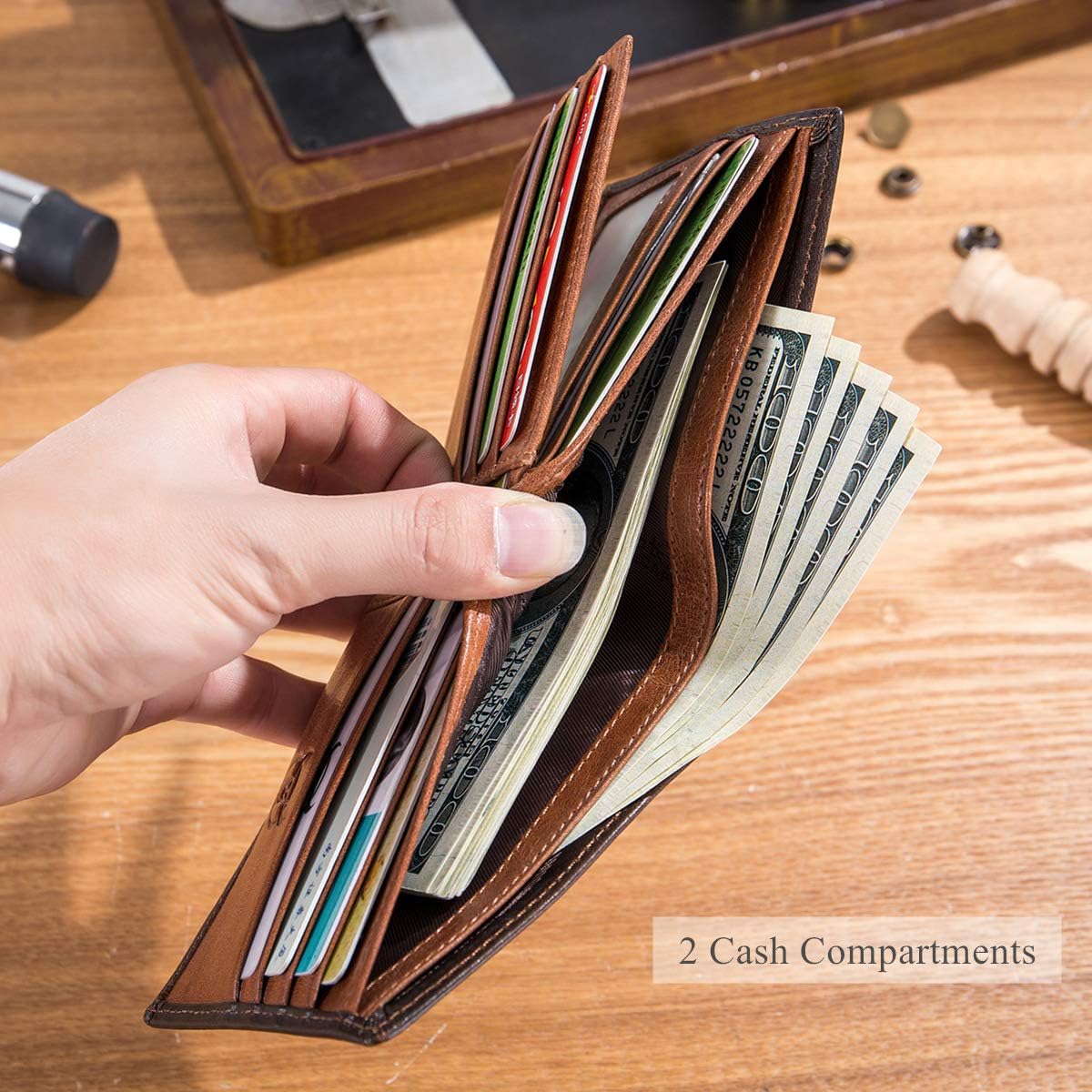 BULLCAPTAIN RFID Wallets for Men Slim Bifold Genuine Leather Front Pocket Wallet with 2 ID Windows QB-05, Brown, Small, Retro