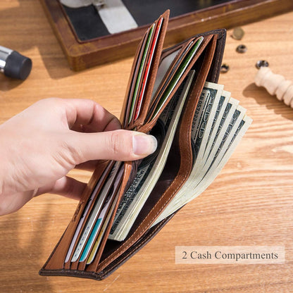BULLCAPTAIN RFID Wallets for Men Slim Bifold Genuine Leather Front Pocket Wallet with 2 ID Windows QB-05, Brown, Small, Retro