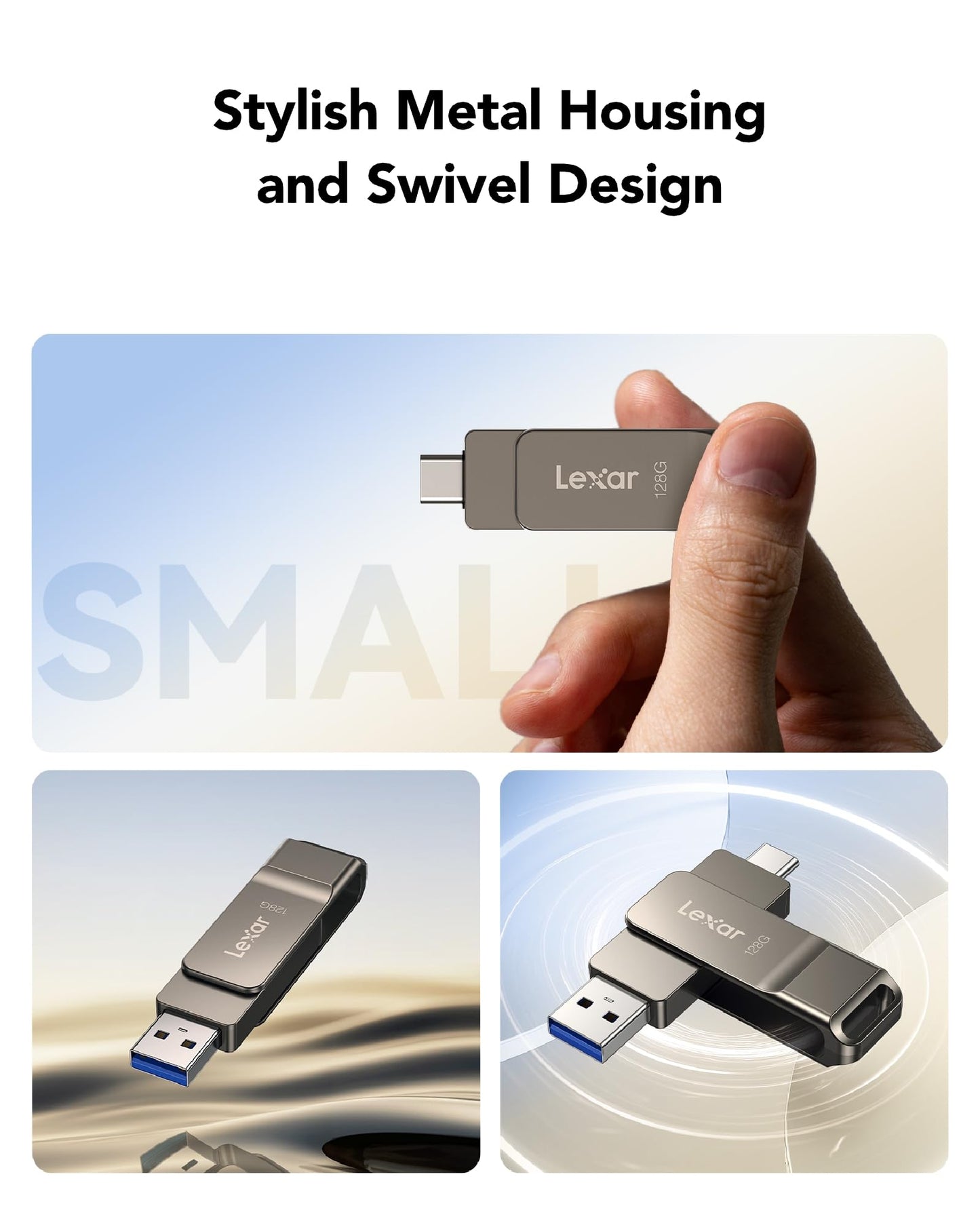 Lexar D40E 128GB Dual USB 3.2 Gen 1 Type-C Jump Drive, USB-C Flash Laufwerk Metallgehäuse Drehdesign (Champagne Silber)