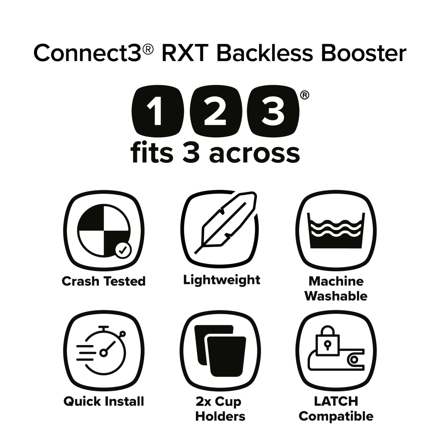 Diono Connect3 RXT Backless Booster, Slim Fit 3-Across in Many Mid-Sized Sedans and SUVs, for Children from 40-120 lbs., Lightweight with Latch connectors