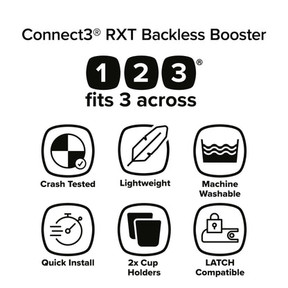 Diono Connect3 RXT Backless Booster, Slim Fit 3-Across in Many Mid-Sized Sedans and SUVs, for Children from 40-120 lbs., Lightweight with Latch connectors