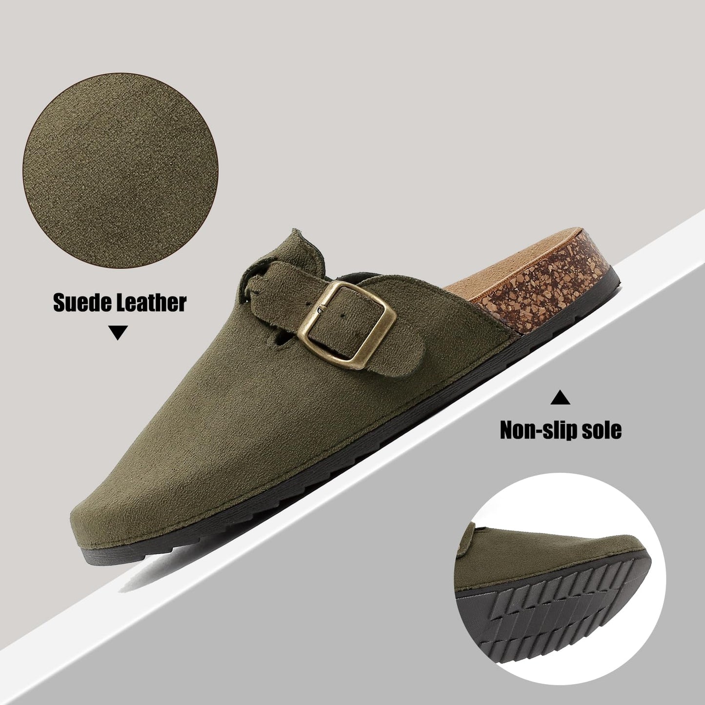 Women's Suede Clogs Mens Leather Mules Comfort Cork Footbed Sandals with Arch Support and Adjustable Buckle