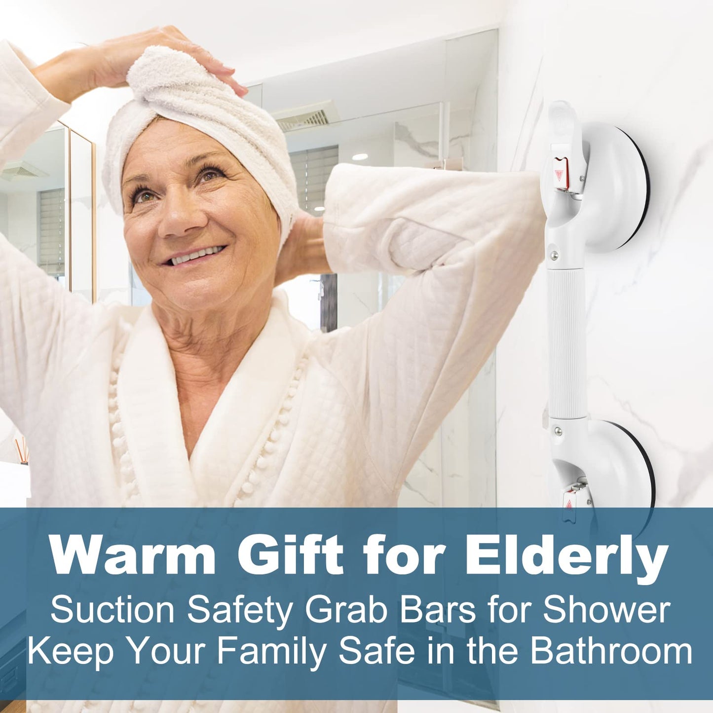 15-Inch Shower Handle - Upgraded Grab Bar with Strong Suction Cups for Bathtub & Shower Safety, Ideal for Seniors, Elderly, Disabled -Silver