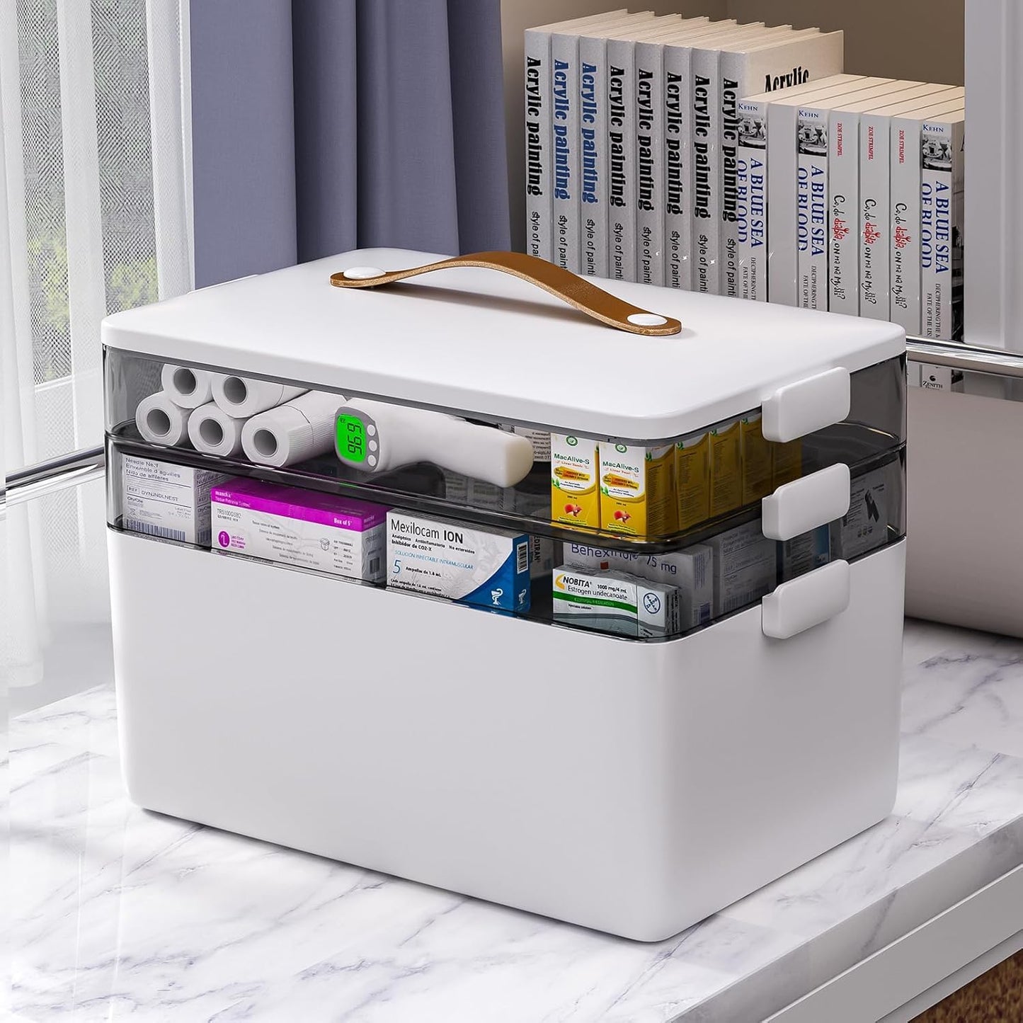 funest 4- Tier Medicine Storage Box Organizer Portable First Aid kit Box Sewing, Art, Craft with Handle, Multipurpose Medical Supply Organizer with Removable Tray