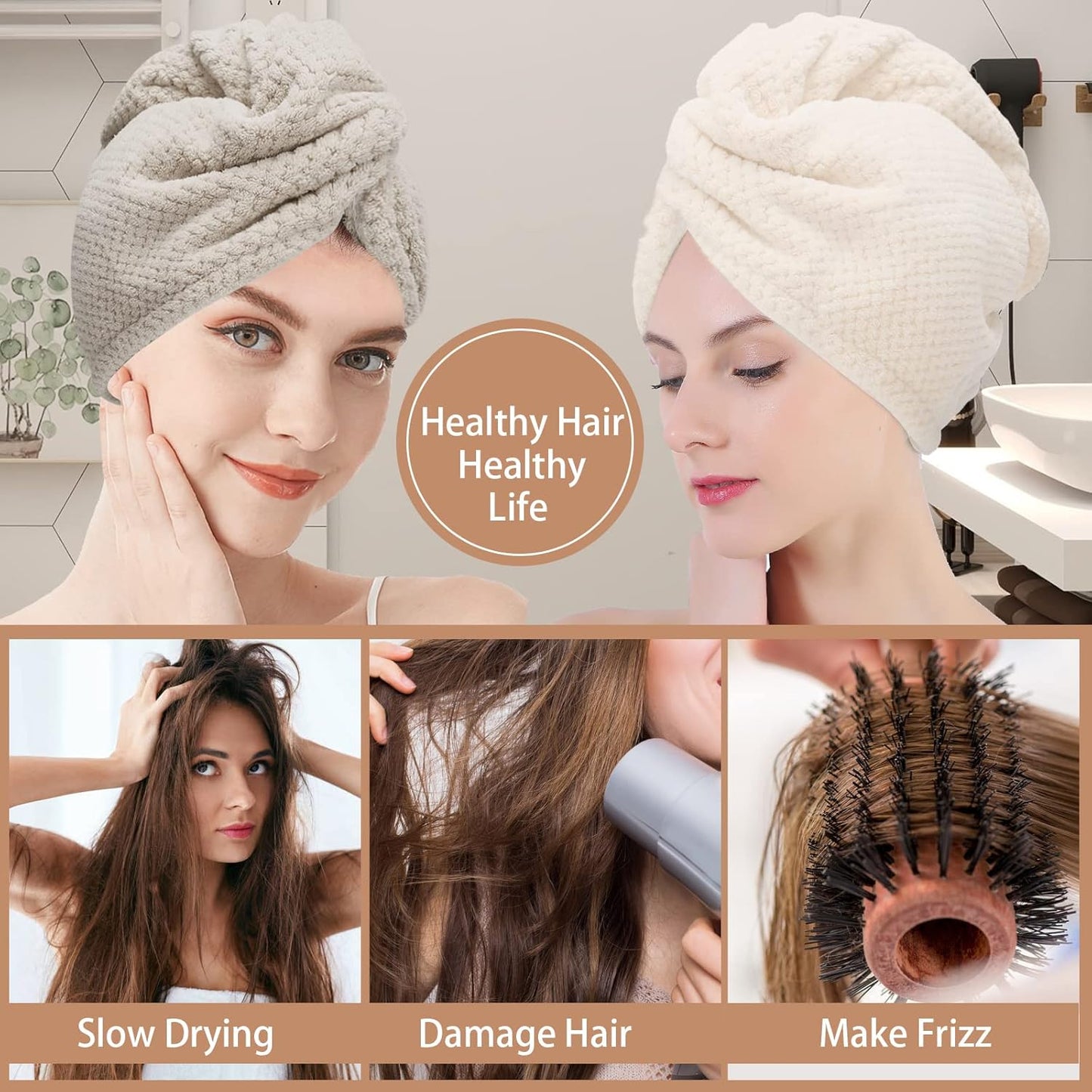3er-Pack Mikrofaser-Haartuch, Haarturbane für nasse Haare, schnell trocknend, Anti-Frizz-Handtuchwickel für lockiges Haar (Beige, Khaki, Grau)