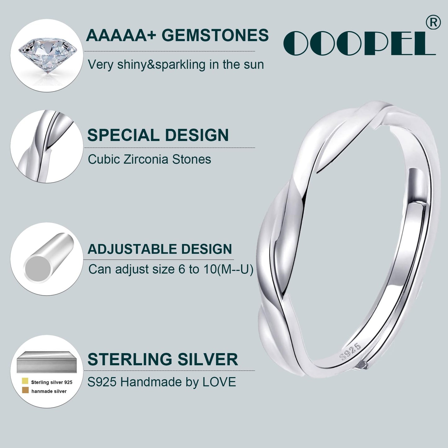 OOOPEL Sterlingsilber Verstellbarer Ring S925 Silberringe für Frauen Zirkonia Twist Liebesknoten Zarter Ring Silber Minimalistischer Offener Fingerring Silber Daumen Sterlingsilberring