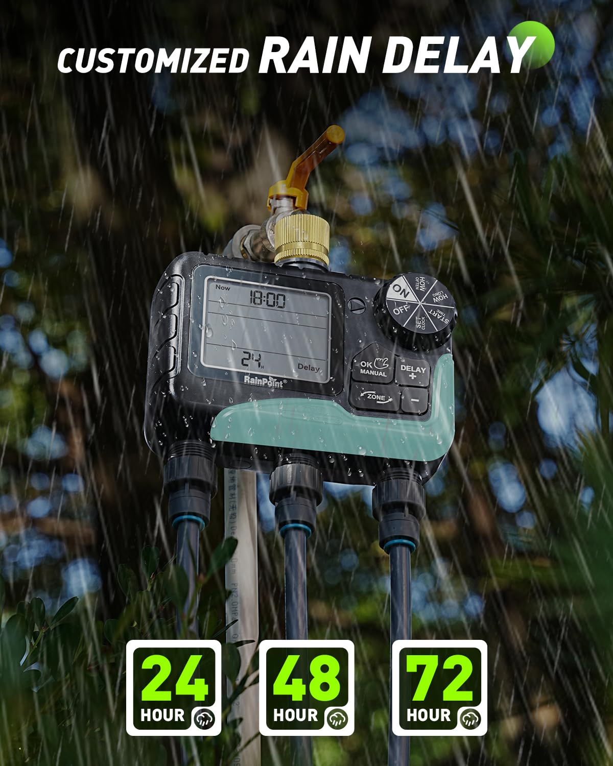 RAINPOINT 3 Zone Water Timer with Brass Inlet & Outlet, 3 Custom Watering Plans Sprinkler Timer, Featuring IP65 Waterproof,Rain Delay, Manual & Automatic Watering with Large LCD for Yard, 2026 Ver.