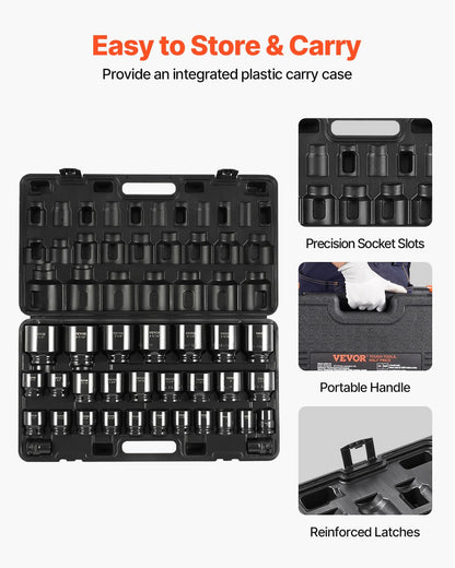 VEVOR 91-Piece 1/2" Drive Impact Socket Set, SAE (5/16" to 1-1/4") & Metric (8 to 32 mm), CR-V, Deep & Shallow, 6 Point, Ratchet Handle, Universal Joint, Adapters, Extension Bars (3, 5, 10 in)