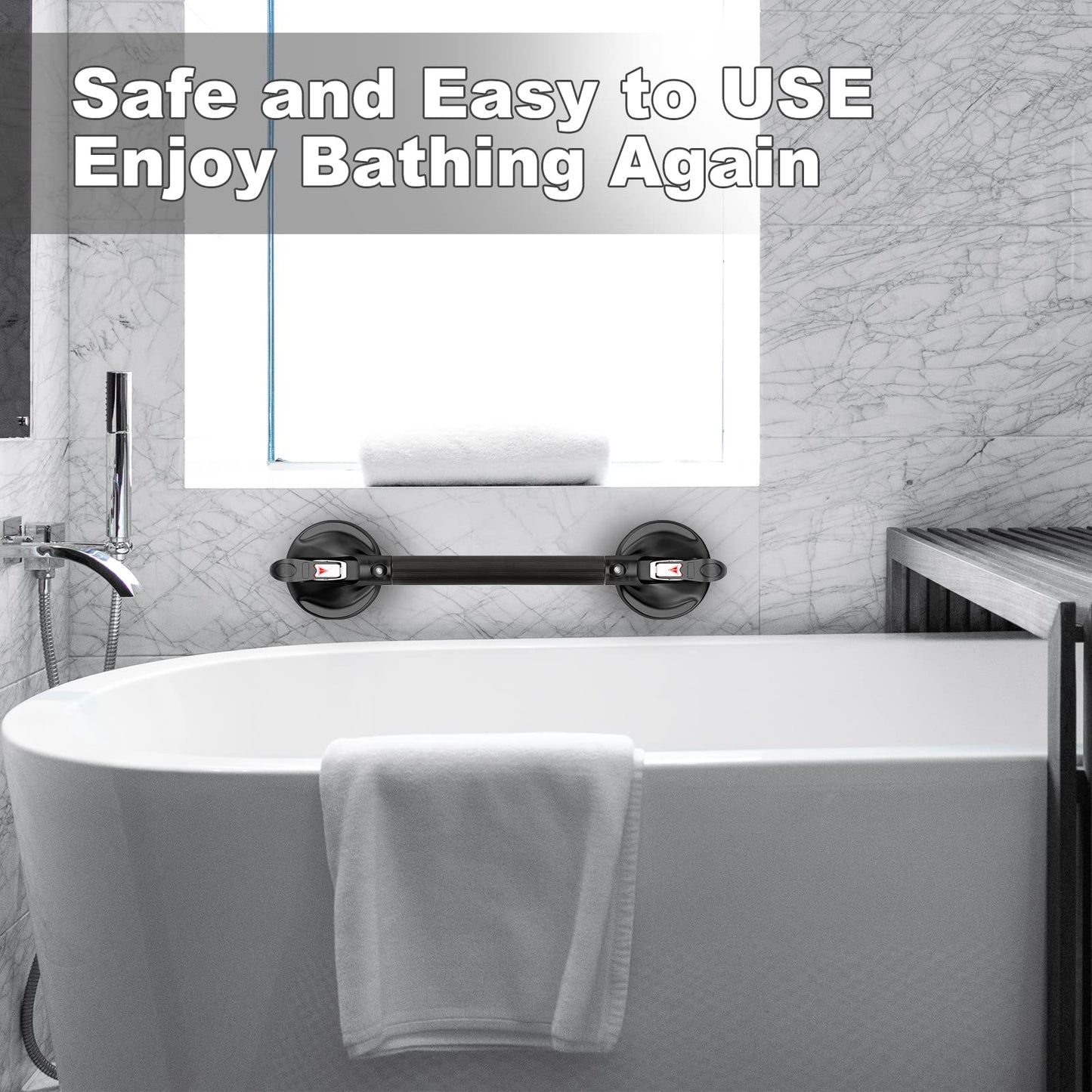 15-Inch Shower Handle - Upgraded Grab Bar with Strong Suction Cups for Bathtub & Shower Safety, Ideal for Seniors, Elderly, Disabled -Silver