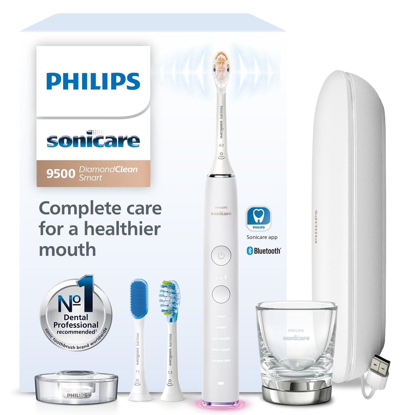 Philips Sonicare DiamondClean Smart 9500 Electric Toothbrush - Sonic Toothbrush with App, Pressure Sensor, 15 Brushing Settings, Replacement Reminder, USB Charging Travel Case, Black, Model HX9923/11