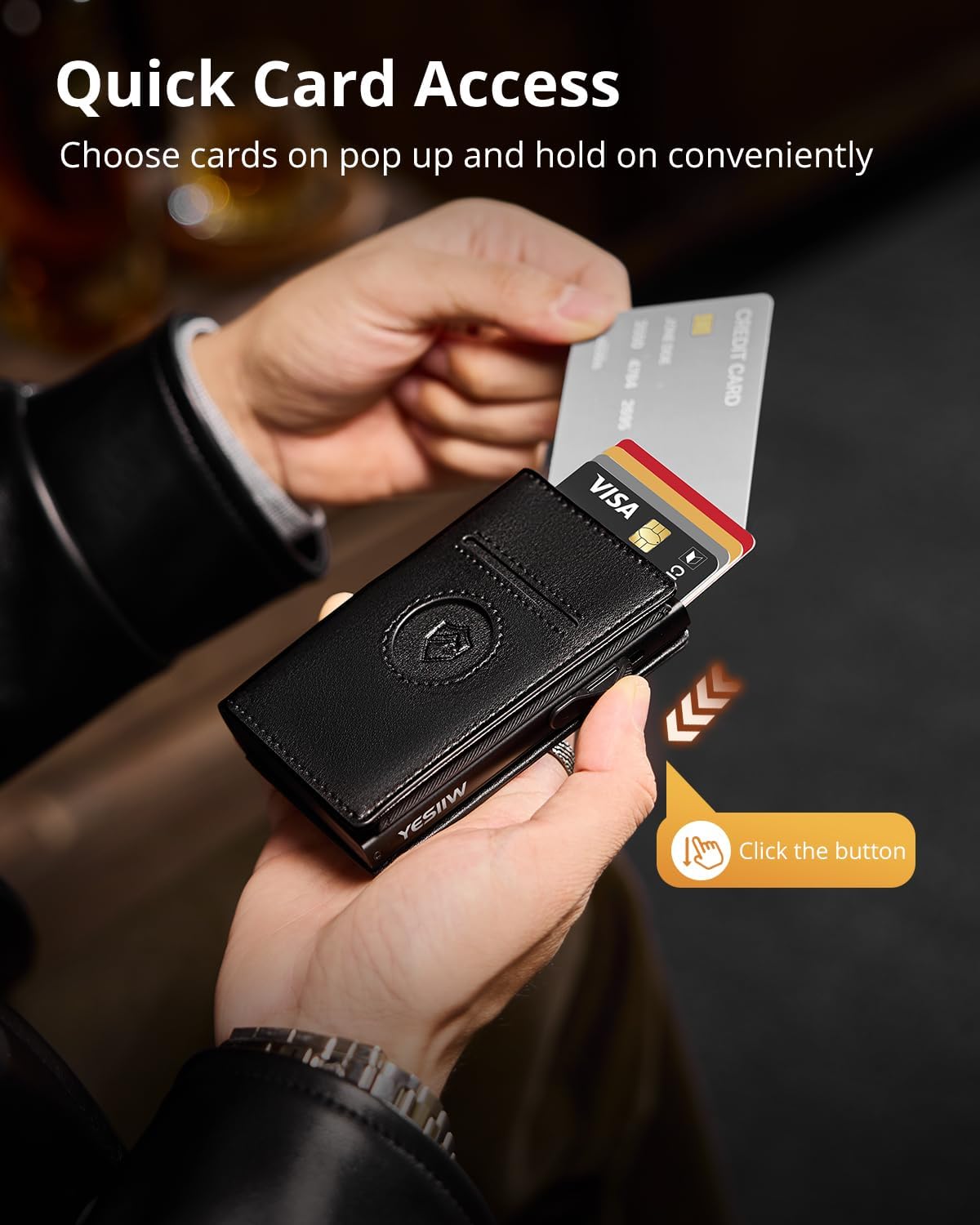 YESIIW Minimalistisches Pop-up-Kartenetui für Herren, RFID-blockierend | Schlankes Visitenkartenetui mit Geldfach | Aluminium-Metall-Bankkartenetui für Scheine, Münzen und Debitkarten