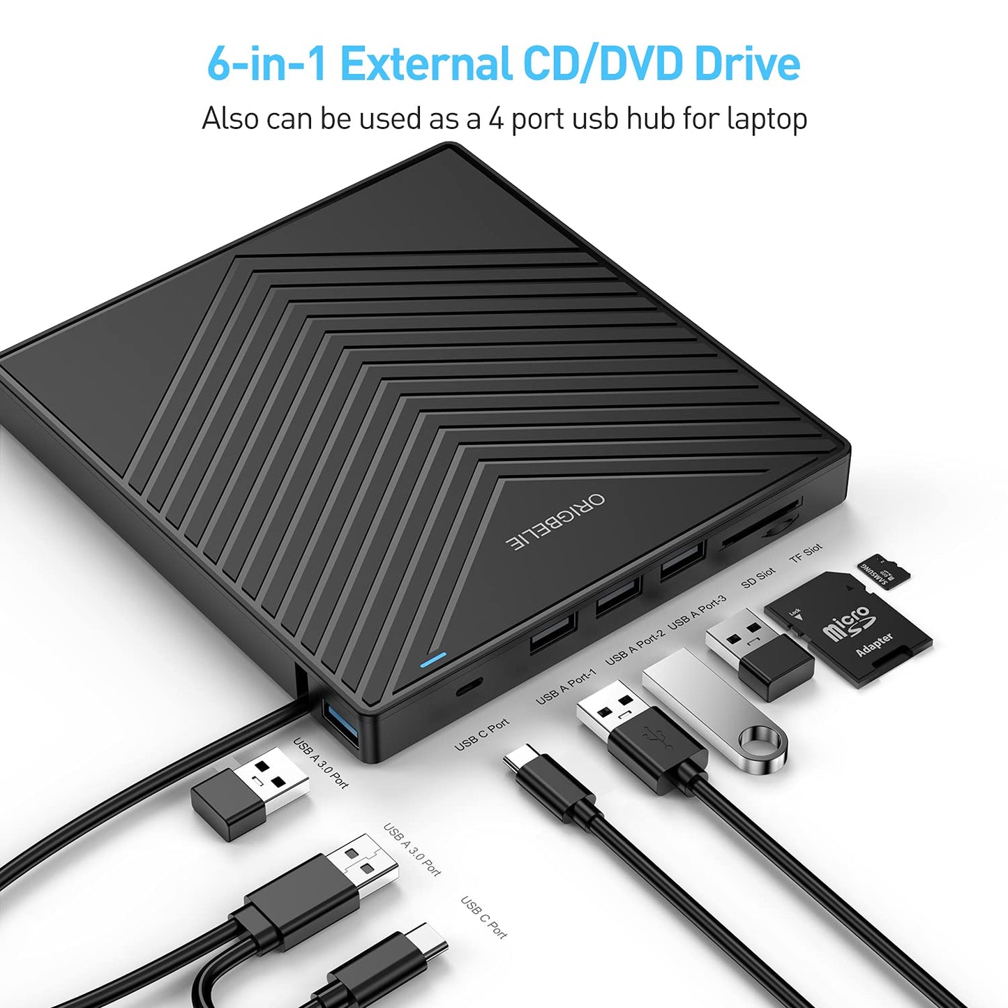 ORIGBELIE externes DVD-Laufwerk, CD-Laufwerk USB 3.0 Typ-C CD/DVD ROM +/-RW Adapter mit USB-Anschluss DVD-Brenner für Laptop, PC, Desktop-Computer, optisches Laufwerk CD-Player kompatibel mit Mac Windows Linux