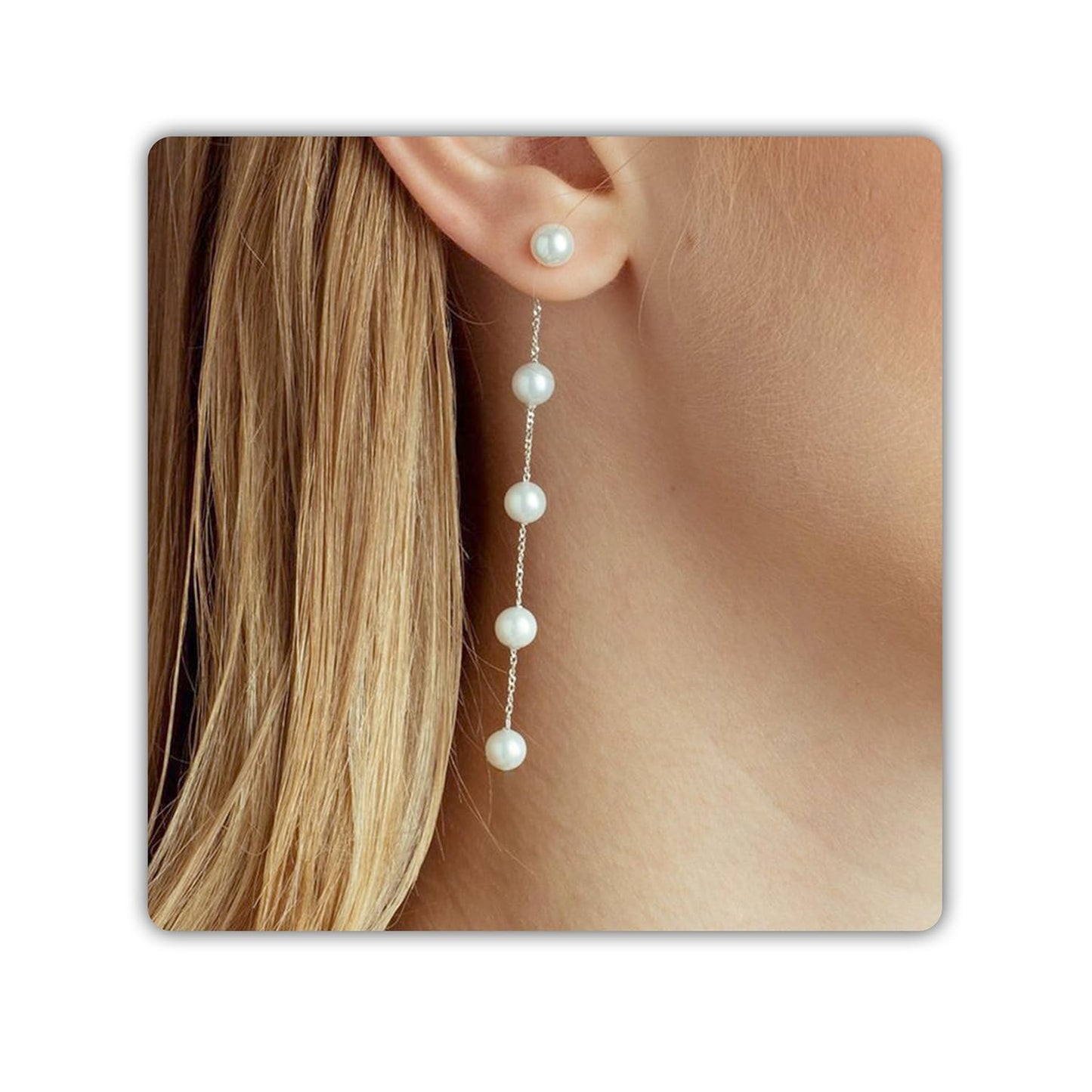 Trinckle Silver Pearl Drop Earrings, Silver Dangle Earrings for Women 5mm Bridal Pearl Long Earings for Mothers Day, White Boho Accessories Wedding Jewelry, Silve Statement Earrings for Prom Birthday