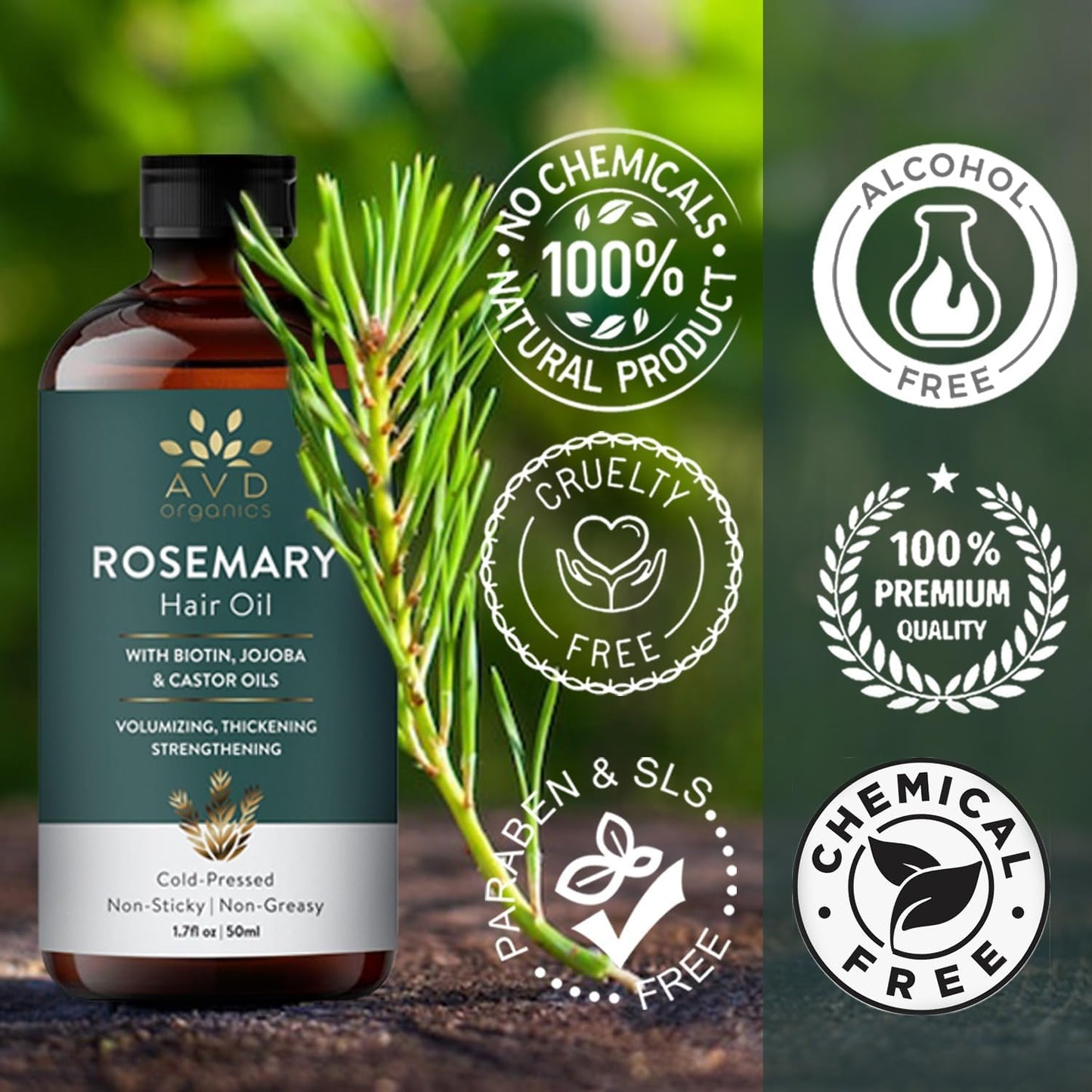 AVD Organics Rosmarinöl für Haarwachstum & Kopfhaut | Mit Biotin angereichert | Haarstärkend, pflegend und voluminös | Mit Jojoba- & Rizinusöl angereichert | GVO-frei 120ml