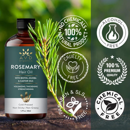 AVD Organics Rosmarinöl für Haarwachstum & Kopfhaut | Mit Biotin angereichert | Haarstärkend, pflegend und voluminös | Mit Jojoba- & Rizinusöl angereichert | GVO-frei 120ml