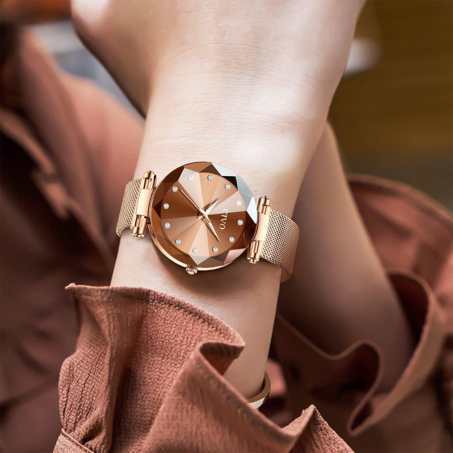 CIVO Damenarmbanduhr, wasserdichte analoge Quarzdameuhr für Damen, Roségold-Mesh-Armband, elegant, luxuriös, Designer-Damenuhr mit Diamant-Zifferblatt