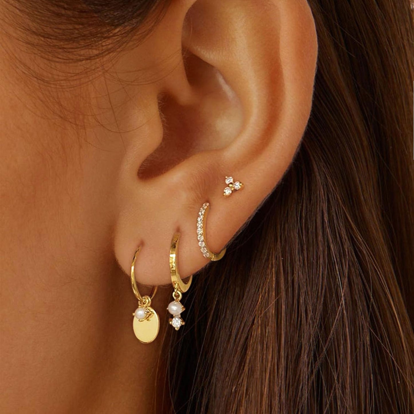 Gold Earrings For Women, Dainty Huggie Earrings Stack 14K Gold Plated Pearl Dangle Earrings for Women Trendy Cute Hypoallergenic Unique Gold Earring Stack Fashion Gold Jewelry Gifts