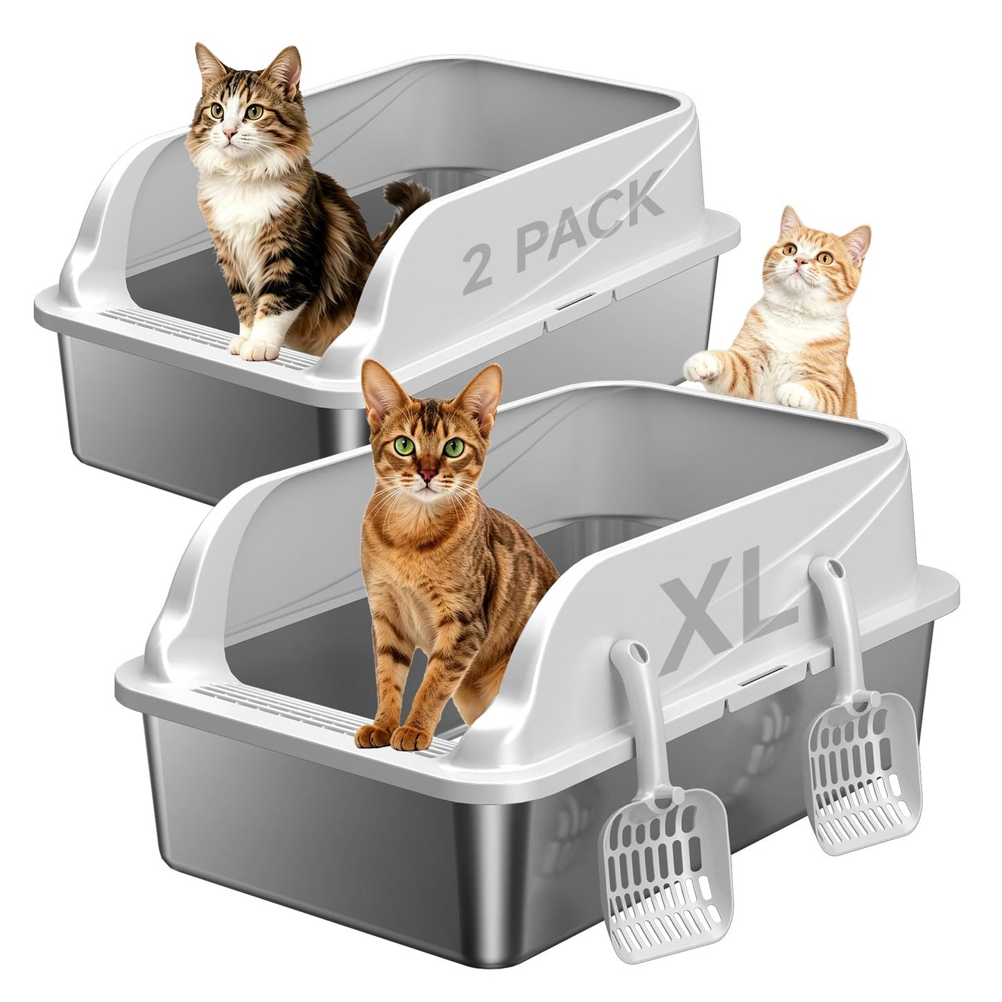 Stainless Steel Cat Litter Box, Odor Free Metal Litter Box with High Sides Lid, Open Top Low Entry Litter Pan Include Scoop Easy Cleaning Anti-Scratch Kitty Cat Box Anti-Urine Leakage, Non-Sticky